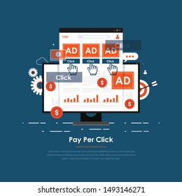 Flat concept for pay per click advertising, sponsored listing, paid search marketing vector banner with icons isolated on blue background