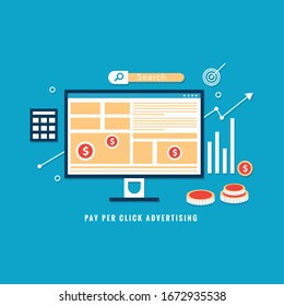 Concepto plano para publicidad de pago por clic, listado patrocinado, banner vectorial de búsqueda pagada con iconos