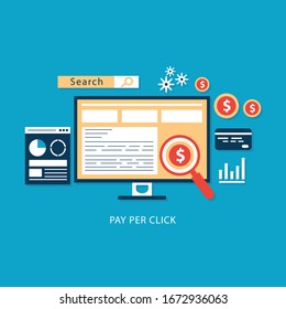 Flat concept for pay per click advertising, sponsored listing, paid search marketing vector banner with icons