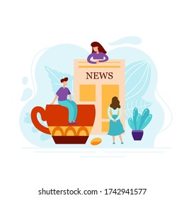 Flat concept of people reading newspaper with world news with cup of coffee. Abstract text with tiny characters isolated on white background for poster or card. Vector illustration.