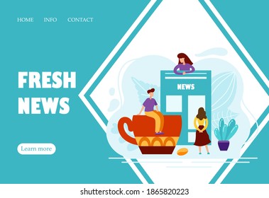 Flat concept of people reading newspaper with world news with cup of coffee. Creative landing page design template. Abstract text with tiny characters. Vector illustration
