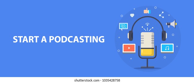 Flat concept of podcasting vector, Internet digital recording, online broadcasting illustrated banner