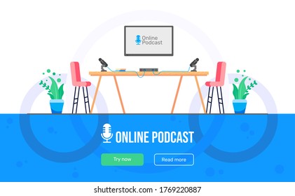Flat concept of podcasting vector, Internet digital recording,online podcast, online broadcasting illustrated banner
