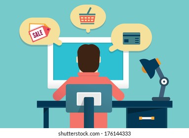 Flat concept of process e-marketing and e-commerce. Customer orders product - vector illustration 