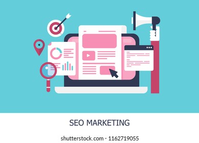 Flat concept SEO marketing - Search engine optimization strategy vector illustration isolated on light background
