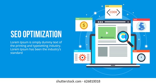 Flat concept for SEO optimization, website data analysis vector banner with elements