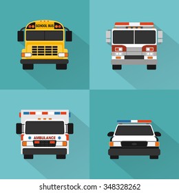 Flat Concept Service Cars Set. Police, Ambulance, Fire Truck, School Bus