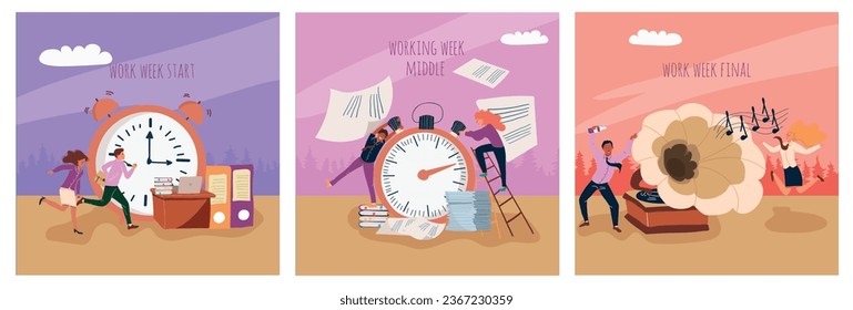 Flat concept set with busy people working at beginning and in middle of work week and relaxing on friday isolated vector illustration