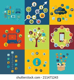 Flat concept, set modern design with shadow vector icons for web design and mobile applications, SEO. search Engine Optimization: technology