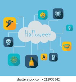 Flat concept, set modern design with shadow vector icons for web design and mobile applications, SEO. search Engine Optimization:  halloween