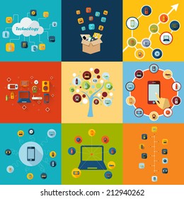 Flat concept, set modern design with shadow vector icons for web design and mobile applications, SEO. search Engine Optimization: technology, communications