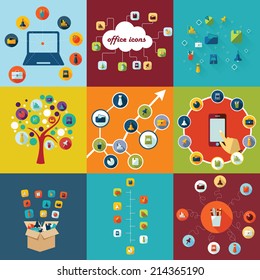 Flat concept, set modern design with shadow vector icons for web design and mobile applications, SEO. search Engine Optimization: office icons