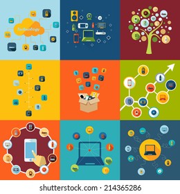 Flat concept, set modern design with shadow vector icons for web design and mobile applications, SEO. search Engine Optimization: technology