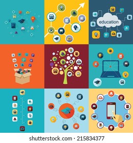 Flat concept, set modern design with shadow vector icons for web design and mobile applications, SEO. search Engine Optimization: education