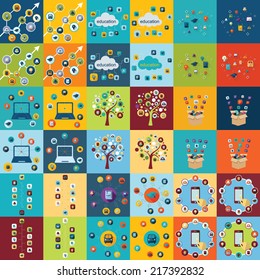 Flat concept, set modern design with shadow vector icons for web design and mobile applications, SEO. search Engine Optimization: education icons