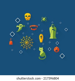 Flat concept, set modern design with shadow vector icons for web design and mobile applications, SEO. search Engine Optimization: halloween