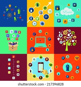 Flat concept, set modern design with shadow vector icons for web design and mobile applications, SEO. search Engine Optimization: halloween