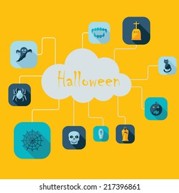Flat concept, set modern design with shadow vector icons for web design and mobile applications, SEO. search Engine Optimization: halloween
