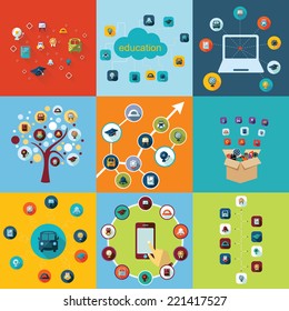 Flat concept, set modern design with shadow vector icons for web design and mobile applications, SEO. search Engine Optimization: education icons