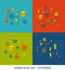 Flat concept, set modern design with shadow vector icons for web design and mobile applications, SEO. search Engine Optimization: Halloween