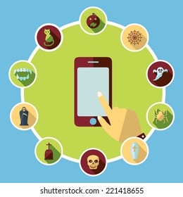 Flat concept, set modern design with shadow vector icons for web design and mobile applications, SEO. search Engine Optimization: Halloween