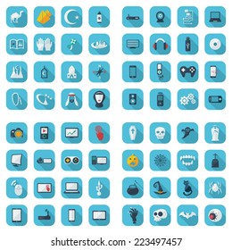 Flat concept, set modern design with shadow icons for web design and mobile applications, SEO. search Engine Optimization:  technology, Ramadan, equipment, halloween
