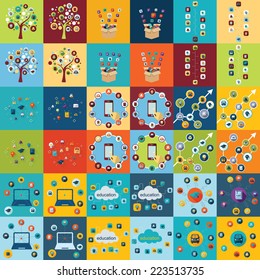 Flat concept, set modern design with shadow icons for web design and mobile applications, SEO. search Engine Optimization:  education icons