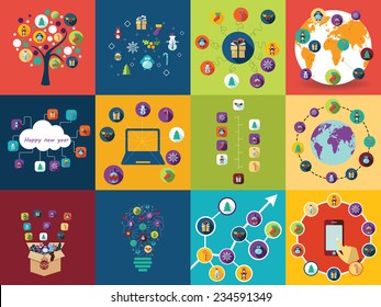 Flat concept, set modern design with shadow happy new year