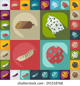 Flat concept, set modern design with shadow meat and cheese