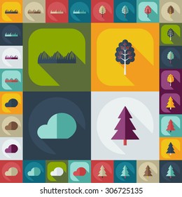 Flat concept, set modern design with shadow forest