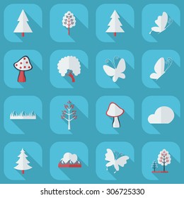Flat concept, set modern design with shadow forest