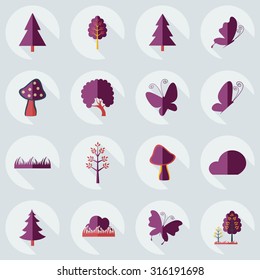 Flat concept, set modern design with shadow forest