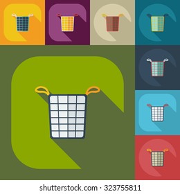 Flat concept, set modern design with shadow basket of dirty clothes