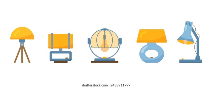 Flat concept with set of table lamps with bulbs. Interior items of cozy modern midcentury lighting design for poster or template. Vector cartoon illustration with home decor elements for lightening