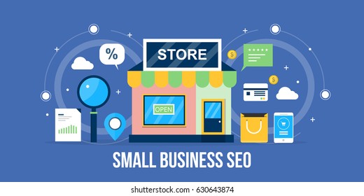 Flat Concept For Small Business SEO, Local Store Marketing, Local Listing Optimization Vector Banner With Icons Isolated On Blue Background