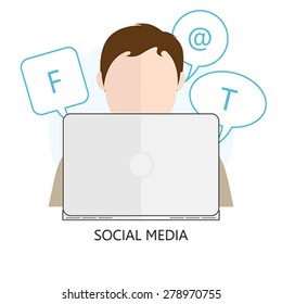Flat Concept of Social Media - Vector Illustration. Man with laptop chatting.