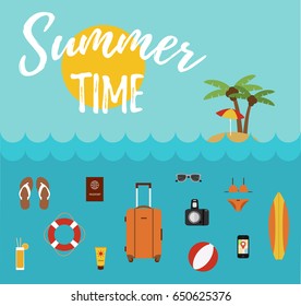 Flat concept of summer travel made in vector. Colorful cartoon illustration for vacation design, with sea, sun, beach icons