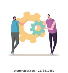 Flat concept of teamwork and success with two doodle human characters holding cogwheels vector illustration