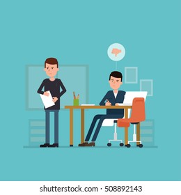 Flat concept of unsuccessful interview. Vector illustration with jobseeker and employer. Bad impression. Thumbs down! Simple concept with working situation, recruitment or hiring.