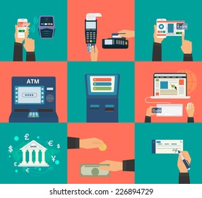Flat concept vector illustration set of payment methods such as credit card with website, nfc technology, mobile app, atm and terminal, money transfer, paying by cash and invoice.