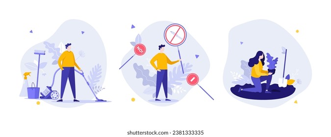 Flat concept vector illustrations set. Soil management, antivaxer,  home cleaning service scenes. Creative metaphors for website, mobile, presentation