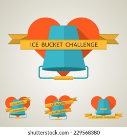 Flat concept vector logo for Ice Bucket Challenge. Orange heart with blue bucket and different position yellow ribbon with words Ice Bucket Challenge. Collection of flat vector icons. Logotype.