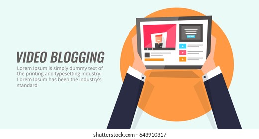 Flat concept of Video blogging, v-blogging, video content marketing vector banner