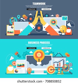 Flat concept web banner of business process and brainstorming, leadership and teamwork. Conceptual vector illustration for web design, marketing, graphic design.