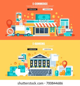 Flat concept web banner of e-commerce sales, online shopping and delivery, customer buying experience, online banking. Conceptual vector illustration for web design, marketing, and graphic design.