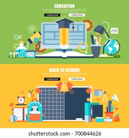 Flat concept web banner of online education, video tutorials, staff training, learning, knowledge, back to school, study. Conceptual vector illustration for web design, marketing, and graphic design.