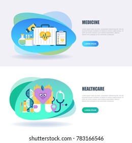 Flat concept web banner of online medical diagnosis and treatment, ambulance, healthcare mobile app, health plan management. Conceptual vector illustration for web design, marketing, graphic design.