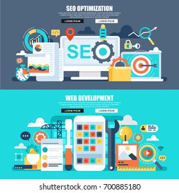 Flat concept web banner of search engine optimization tools for growth traffic, web seo, app and web development. Conceptual vector illustration for web design, marketing, and graphic design.
