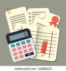 Flat conception calculator and papers. Accounting, vector illustration