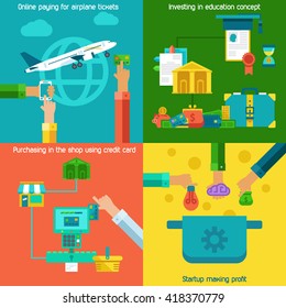 Flat concepts set of online paying, startup and investing in education.